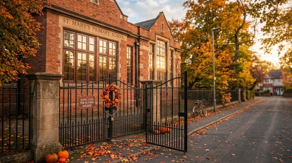 A closed school building on a quiet street during the October school holiday. In the foreground, the school gates are locked, with subtle decorations hinting at autumn, like fallen leaves and pumpkins. The middle ground shows the brick façade of the school, with large windows reflecting soft, golden afternoon sunlight. In the background, trees are adorned with vibrant fall foliage, casting gentle shadows on the ground. The scene captures a serene, almost nostalgic atmosphere, evoking a sense of calmness and reflection. Use a slight tilt-down angle to emphasize the school structure, with a shallow depth of field to blur the background slightly and enhance focus on the school. The lighting should be warm and inviting, suggesting a peaceful holiday break.