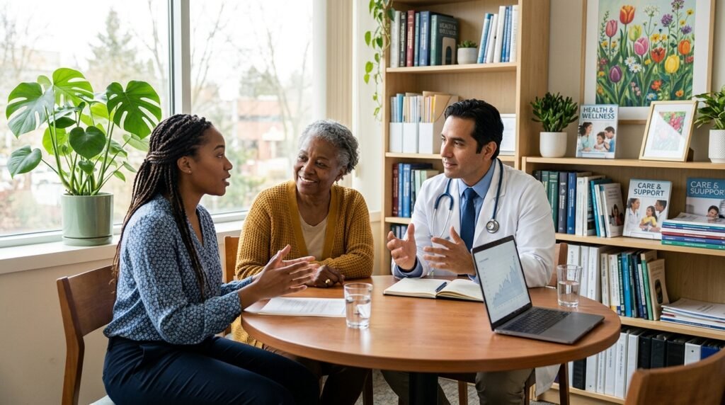 A comforting consultation scene featuring a diverse group of three individuals in a well-lit, professional medical office. In the foreground, a woman in her 30s wearing a modest, stylish blouse sits at a round table, visibly engaged in conversation. A male doctor in a white coat gestures thoughtfully, while an older woman with a warm smile leans slightly forward in supportive body language. In the middle ground, a window lets in soft, natural light, illuminating the inviting space filled with plants and medical resources, creating a serene atmosphere. The background includes a bookshelf filled with health literature and art depicting vibrant flowers, emphasizing hope and resilience. The overall mood is warm and supportive, with a focus on care and open communication.