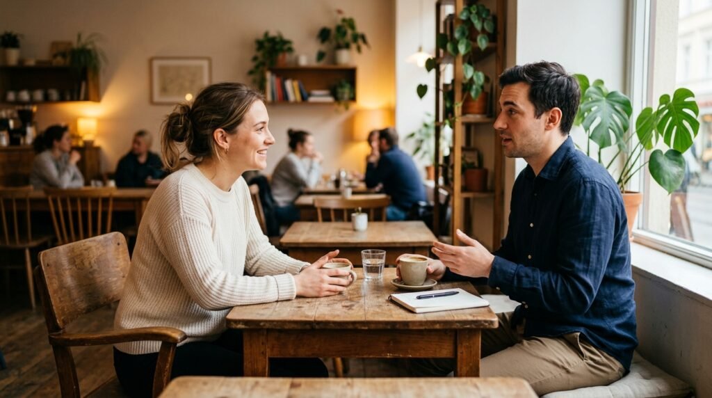 A compassionate person sitting in a cozy, well-lit café, attentively listening to another individual in casual yet professional attire. The foreground features the listener with an open and inviting expression, leaning slightly forward to convey engagement. In the middle, the speaker, dressed in a smart-casual outfit, shares their thoughts, creating a dynamic interaction. The background includes soft blurred elements of the café, like a wooden counter and plants, creating a warm and comforting atmosphere. Soft, natural light filters through the windows, enhancing the mood of empathy and support. The angle captures both faces, emphasizing the connection between them without any distractions. The overall atmosphere reflects understanding and kindness, resonating with the theme of support and compassion.