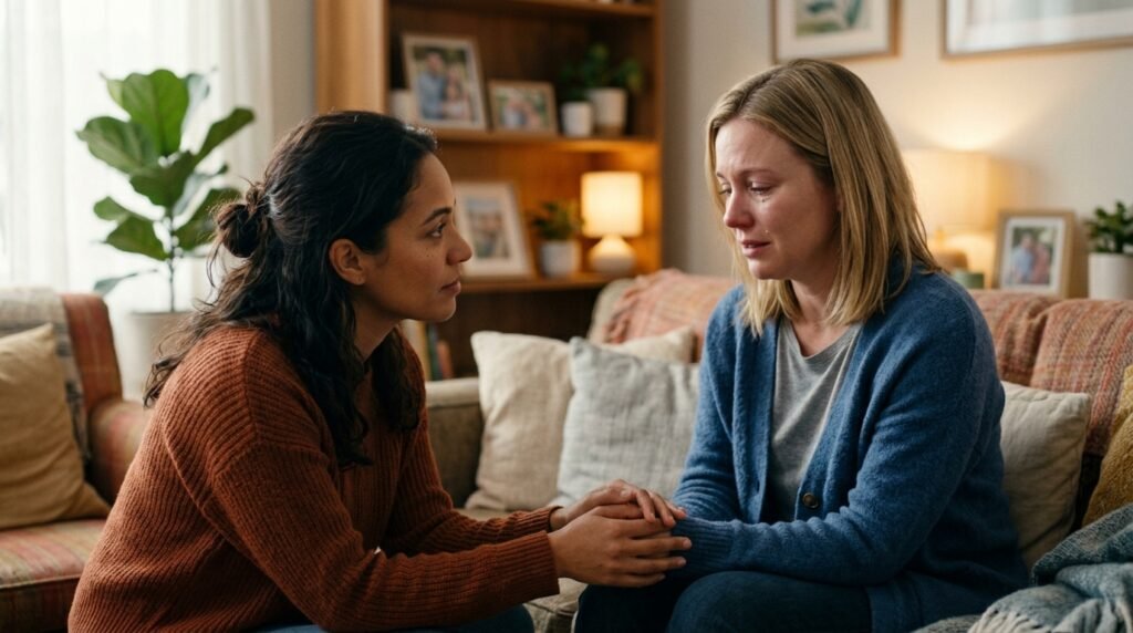 A concerned friend listening attentively to a woman who has just received a cancer diagnosis. The foreground features the friend, a woman in her 30s, dressed in smart casual clothing, showing empathy with a soft expression. In the middle ground, the woman with the diagnosis sits on a sofa, visibly emotional yet calm, wearing comfortable attire. Soft, warm lighting casts a gentle glow in the room, creating a supportive atmosphere. The background includes a cozy living room setting, with softly blurred elements like family photos and plants, emphasizing a sense of intimacy and care. The overall mood is one of compassion and understanding, highlighting the importance of support during difficult times.