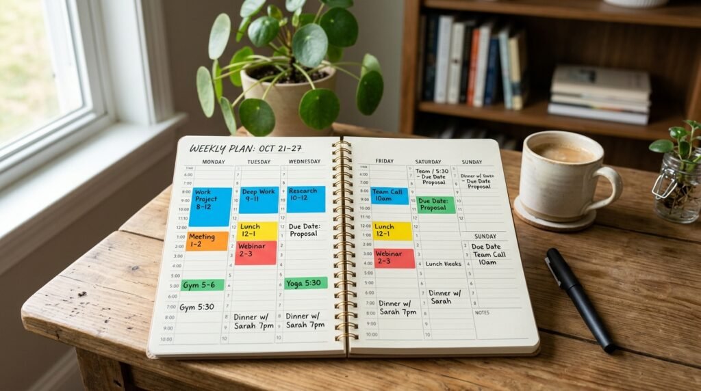 A detailed weekly agenda planner laid out on a wooden desk, featuring organized blocks of routine activities and fixed time slots clearly marked. The foreground showcases a stylish, minimalist calendar with vibrant colors for each block, emphasizing time management. In the middle, a sleek pen rests beside the planner, hinting at productive planning. A coffee mug sits nearby, radiating warmth. The background is softly blurred, displaying a cozy office environment with a potted plant and a bookshelf filled with neatly arranged books, enhancing a sense of focus and productivity. Soft, natural lighting filters through a nearby window, casting a gentle glow that creates a calm and inviting atmosphere.