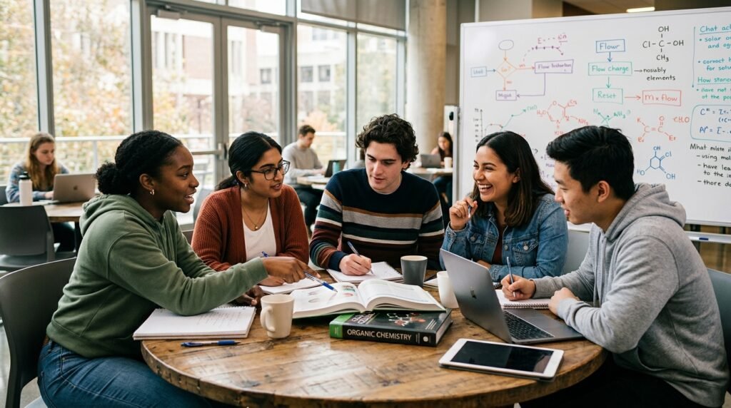 A diverse group of students, three females and two males, engaged in a collaborative study session at a modern study space. The setting features large windows allowing soft daylight to pour in, illuminating a round table scattered with books, notebooks, and laptops. One student, wearing casual but neat clothing, points at a textbook while another takes notes. In the background, a whiteboard displays colorful diagrams and notes. The atmosphere is focused yet energetic, highlighting teamwork and shared learning. Use a shallow depth of field to emphasize the group, creating a warm and inviting mood that reflects camaraderie and academic engagement. A diverse group of students, three females and two males, engaged in a collaborative study session at a modern study space. The setting features large windows allowing soft daylight to pour in, illuminating a round table scattered with books, notebooks, and laptops. One student, wearing casual but neat clothing, points at a textbook while another takes notes. In the background, a whiteboard displays colorful diagrams and notes. The atmosphere is focused yet energetic, highlighting teamwork and shared learning. Use a shallow depth of field to emphasize the group, creating a warm and inviting mood that reflects camaraderie and academic engagement.