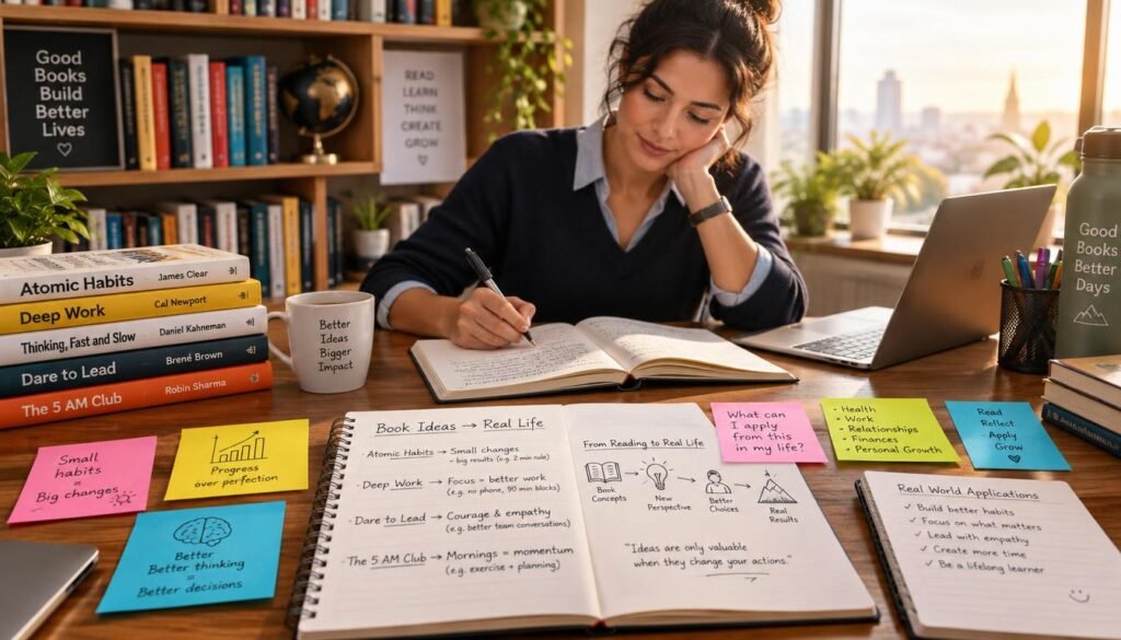 A dynamic and engaging workspace showcasing brief notes connecting book concepts to familiar situations. In the foreground, a polished wooden desk is filled with colorful sticky notes and open notebooks, some notes featuring illustrations and diagrams. The middle layer includes a soft-focus shelf lined with various books, some with titles visible, suggesting a rich source of knowledge. In the background, a large window lets in warm, natural light, creating a bright and inviting atmosphere. The overall mood is one of inspiration and active learning, with a professional touch, as a person in smart casual attire is seen thoughtfully jotting notes. The image captures a sense of organization and intellectual curiosity, emphasizing the connection between reading and real-world applications. A dynamic and engaging workspace showcasing brief notes connecting book concepts to familiar situations. In the foreground, a polished wooden desk is filled with colorful sticky notes and open notebooks, some notes featuring illustrations and diagrams. The middle layer includes a soft-focus shelf lined with various books, some with titles visible, suggesting a rich source of knowledge. In the background, a large window lets in warm, natural light, creating a bright and inviting atmosphere. The overall mood is one of inspiration and active learning, with a professional touch, as a person in smart casual attire is seen thoughtfully jotting notes. The image captures a sense of organization and intellectual curiosity, emphasizing the connection between reading and real-world applications.