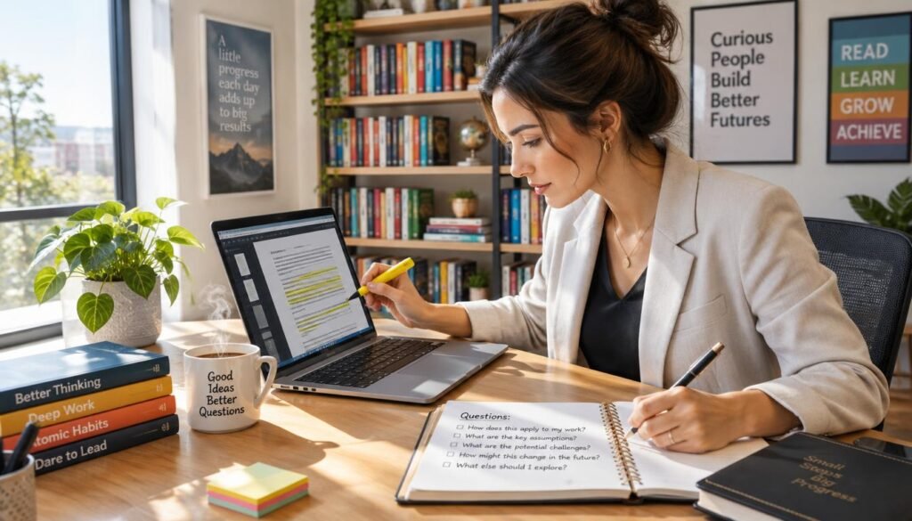 A focused active reader, a woman in her early 30s, sits at a modern desk in a bright, well-lit study, dressed in professional attire. She is intently highlighting a PDF document on her laptop while thoughtfully jotting down questions in a stylish notebook. The desk is organized, with a steaming cup of coffee and a small potted plant adding a touch of warmth. The background features a bookshelf filled with colorful books and motivational posters on the wall. Natural light streams in through a large window, creating soft shadows that enhance the serene atmosphere. The scene conveys concentration and engagement with the material, emphasizing the process of active reading and inquiry, with a camera angle that captures both the reader and her workspace in an inviting yet professional manner. A focused active reader, a woman in her early 30s, sits at a modern desk in a bright, well-lit study, dressed in professional attire. She is intently highlighting a PDF document on her laptop while thoughtfully jotting down questions in a stylish notebook. The desk is organized, with a steaming cup of coffee and a small potted plant adding a touch of warmth. The background features a bookshelf filled with colorful books and motivational posters on the wall. Natural light streams in through a large window, creating soft shadows that enhance the serene atmosphere. The scene conveys concentration and engagement with the material, emphasizing the process of active reading and inquiry, with a camera angle that captures both the reader and her workspace in an inviting yet professional manner.