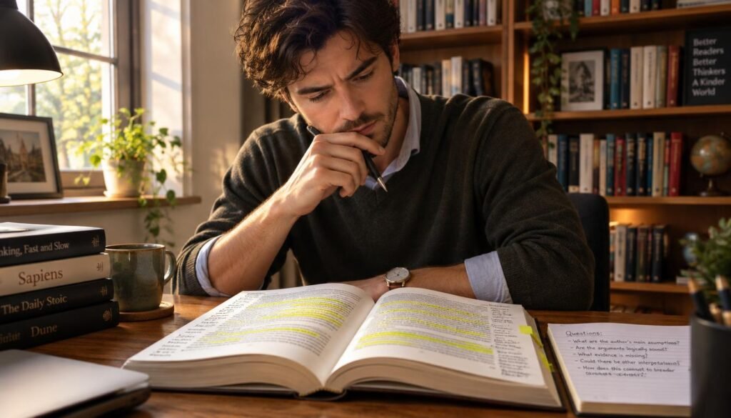 A focused reader sits at a stylish wooden desk, examining highlighted passages in an open book. They are dressed in smart casual attire, showcasing a contemplative expression as they question the arguments presented in the text. The foreground features the book prominently, with bright yellow highlights and neatly written notes in the margins. In the middle layer, a warm, inviting light filters through a nearby window, illuminating the reader's face and creating soft shadows. The background reveals a well-organized bookshelf filled with various literature, suggesting a passion for reading and analysis. The overall atmosphere is one of introspection and focus, capturing the essence of active reading and engagement with the material, set in a serene study environment. A focused reader sits at a stylish wooden desk, examining highlighted passages in an open book. They are dressed in smart casual attire, showcasing a contemplative expression as they question the arguments presented in the text. The foreground features the book prominently, with bright yellow highlights and neatly written notes in the margins. In the middle layer, a warm, inviting light filters through a nearby window, illuminating the reader's face and creating soft shadows. The background reveals a well-organized bookshelf filled with various literature, suggesting a passion for reading and analysis. The overall atmosphere is one of introspection and focus, capturing the essence of active reading and engagement with the material, set in a serene study environment.