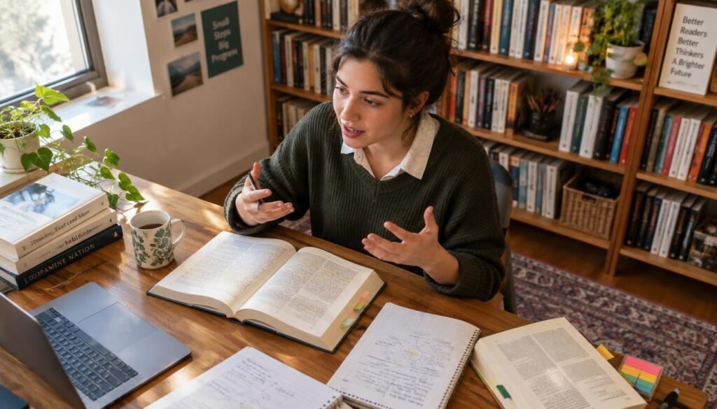 A focused student in a cozy, well-lit study sits at a wooden desk, energetically explaining aloud the content of a book they've just read. The student, dressed in smart-casual attire, gestures animatedly as they speak, surrounded by open books and notes scattered around. Soft natural light filters through a nearby window, casting gentle shadows and highlighting their expression of concentration and enthusiasm. In the background, a bookshelf filled with a variety of books creates a warm and inviting atmosphere. The scene conveys a sense of engagement and active learning, capturing the essence of active reading techniques with an intimate and encouraging mood. The angle is slightly from above, showcasing both the student and the surrounding study environment. A focused student in a cozy, well-lit study sits at a wooden desk, energetically explaining aloud the content of a book they've just read. The student, dressed in smart-casual attire, gestures animatedly as they speak, surrounded by open books and notes scattered around. Soft natural light filters through a nearby window, casting gentle shadows and highlighting their expression of concentration and enthusiasm. In the background, a bookshelf filled with a variety of books creates a warm and inviting atmosphere. The scene conveys a sense of engagement and active learning, capturing the essence of active reading techniques with an intimate and encouraging mood. The angle is slightly from above, showcasing both the student and the surrounding study environment.