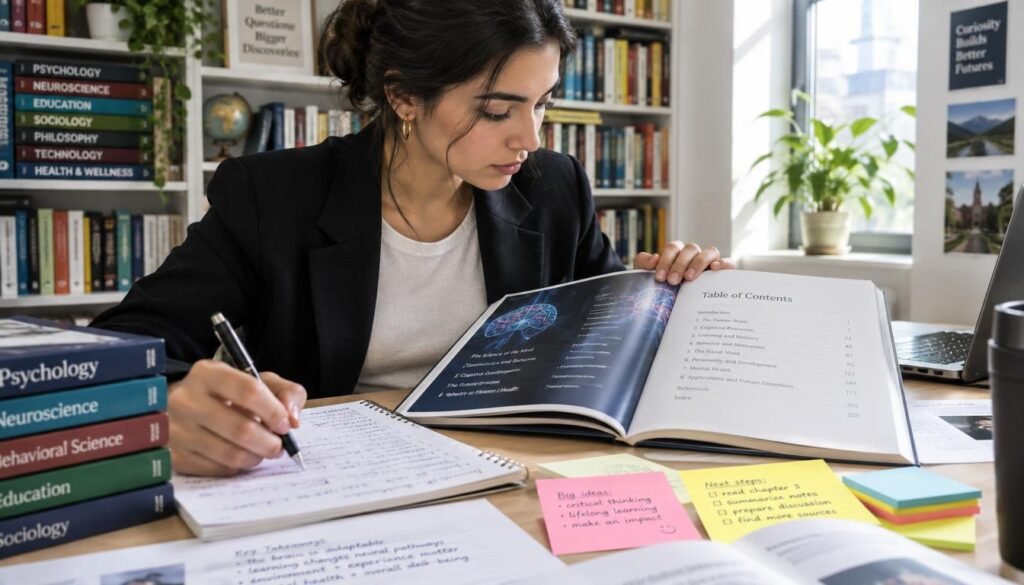 A focused young woman sits at a modern desk, intently reviewing a glossy book's table of contents and titles, her notepad filled with notes. The workspace is well-lit by soft, natural daylight filtering through a nearby window, casting gentle shadows across scattered papers and colorful sticky notes. In the background, shelves lined with various books hint at different subjects, creating an academic ambiance. The foreground features a close-up of her hand holding a pen, capturing her concentration. She is dressed in professional attire, projecting an aura of dedication and curiosity. The overall mood is productive and inspiring, encouraging active engagement with learning. A focused young woman sits at a modern desk, intently reviewing a glossy book's table of contents and titles, her notepad filled with notes. The workspace is well-lit by soft, natural daylight filtering through a nearby window, casting gentle shadows across scattered papers and colorful sticky notes. In the background, shelves lined with various books hint at different subjects, creating an academic ambiance. The foreground features a close-up of her hand holding a pen, capturing her concentration. She is dressed in professional attire, projecting an aura of dedication and curiosity. The overall mood is productive and inspiring, encouraging active engagement with learning.
