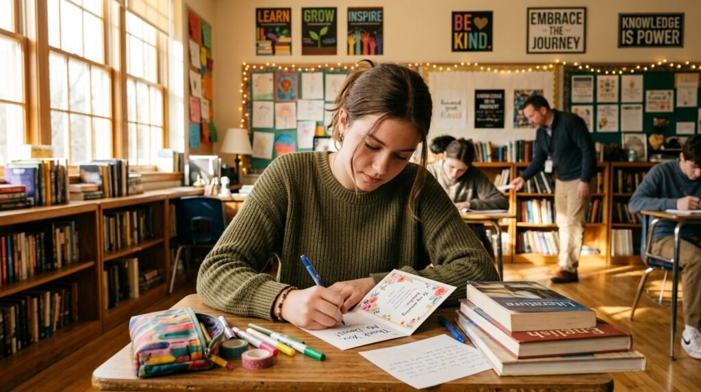 A heartfelt scene in a cozy school environment where a diligent student, wearing modest casual clothing, writes a thank-you note to their educator. In the foreground, the student, with a focused expression, sits at a desk with colorful stationery scattered around, capturing the sincerity of the moment. The middle layer features a beautifully decorated classroom backdrop, adorned with inspirational quotes and educational posters, creating an inviting atmosphere. The background includes soft sunlight streaming through large windows, casting gentle shadows on the wooden floor. The warm lighting enhances the emotional depth of the image, conveying gratitude and connection in this intimate learning space. A heartfelt scene in a cozy school environment where a diligent student, wearing modest casual clothing, writes a thank-you note to their educator. In the foreground, the student, with a focused expression, sits at a desk with colorful stationery scattered around, capturing the sincerity of the moment. The middle layer features a beautifully decorated classroom backdrop, adorned with inspirational quotes and educational posters, creating an inviting atmosphere. The background includes soft sunlight streaming through large windows, casting gentle shadows on the wooden floor. The warm lighting enhances the emotional depth of the image, conveying gratitude and connection in this intimate learning space.