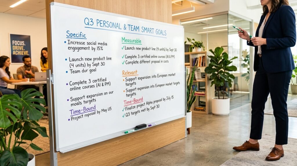 A large, well-lit whiteboard in a modern office setting, showcasing a neatly organized list of SMART goals. The goals are written in colorful markers with clear bullet points. The background features soft-focus images of a contemporary workspace, incorporating plants and motivational posters. In the foreground, a pair of professional business shoes is visible, suggesting a person standing beside the board, dressed in smart casual attire. The lighting is bright and inviting, creating a positive and motivational atmosphere. The angle is slightly elevated, giving a panoramic view of the board while maintaining focus on the SMART goals. The overall mood conveys ambition, clarity, and purpose, perfect for illustrating personal planning.