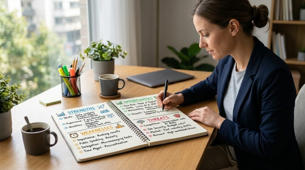 A neatly arranged personal SWOT analysis on a clean, open notebook. The foreground features four distinctly labeled quadrants: Strengths, Weaknesses, Opportunities, and Threats, each filled with colorful, handwritten notes and sketches. The middle background shows a business professional in smart casual attire, thoughtfully writing and reflecting beside the notebook. A soft, natural light filters in from a nearby window, casting gentle shadows to create depth. The atmosphere is calm and focused, suitable for personal planning. The desk is organized, with stationery and a cup of coffee subtly placed. The angle captures both the notebook and the individual engaged in constructive self-analysis, emphasizing a sense of purpose and clarity.