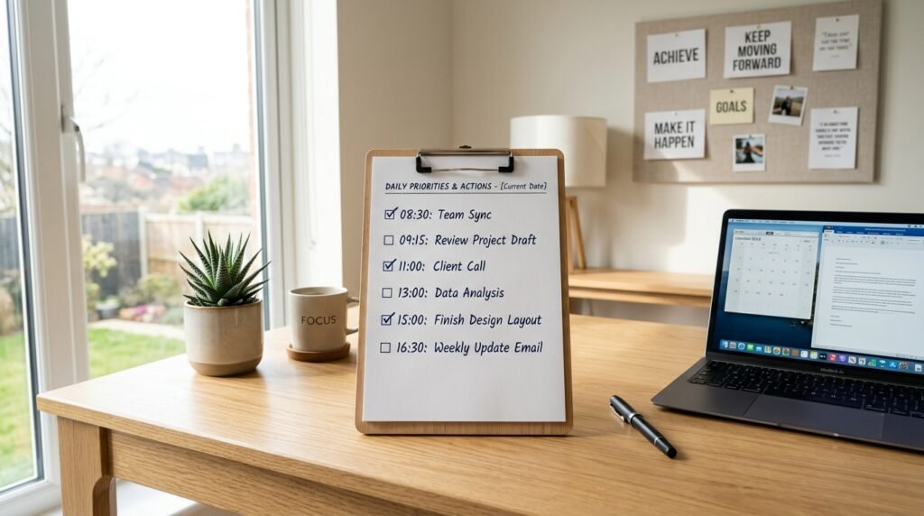 A neatly organized wooden desk in a bright, minimalistic office setting, showcasing a list of priorities and actions laid out on a clipboard. The clipboard features a detailed bullet-point checklist with checkboxes, neatly arranged with a pen beside it. In the foreground, soft, natural light filters in from a window, casting gentle shadows on the desk surface. A laptop and a small plant add to the workspace ambiance, while a vision board with motivational quotes is visible on the wall in the background. The mood is focused and purposeful, inspiring a sense of productivity and clarity.