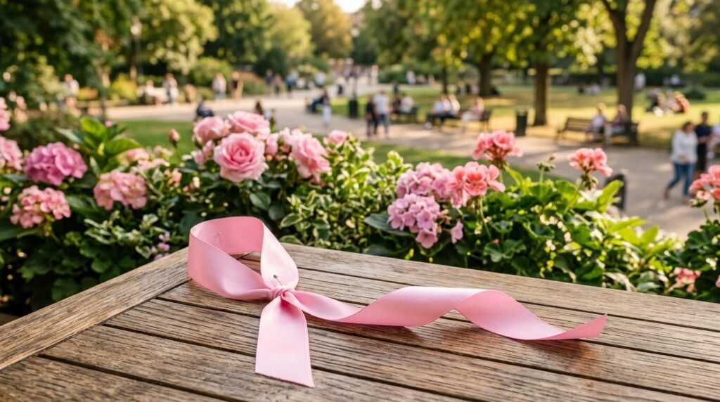 A pink ribbon symbolizing breast cancer awareness is prominently displayed in the foreground, gently draped over a classic wooden table. The ribbon glistens softly under warm, diffused lighting that creates an inviting and hopeful atmosphere. In the middle ground, a subtle backdrop of blooming pink flowers and green leaves complements the ribbon, emphasizing themes of support and nature. The background features a serene park setting with soft bokeh effects, creating a sense of community and encouragement. The image is shot from a slightly elevated angle to highlight the ribbon's elegant curves while capturing the lush environment around it. The overall mood is uplifting and reflective, evoking a sense of solidarity and awareness.