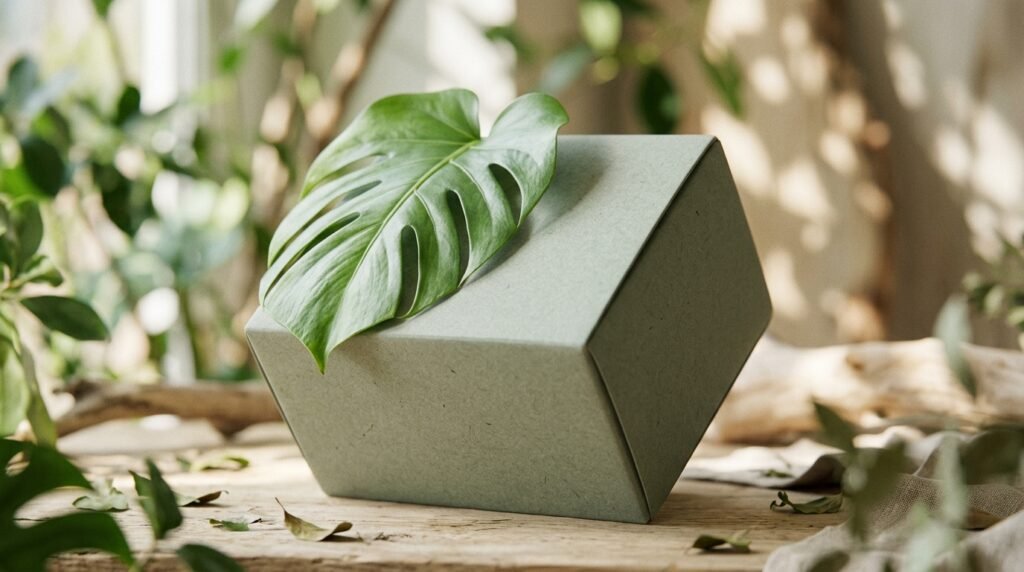 A product box prominently displayed in the foreground, featuring a vibrant green leaf draped over it, symbolizing eco-friendliness while devoid of any environmental information. The box has a sleek, modern design with soft edges, set against a softly blurred background of a minimalist, naturalistic setting, such as blurred green foliage or a light, organic texture. The lighting is soft and diffused, creating a warm atmosphere that emphasizes the product's qualities without distractions. The perspective is slightly tilted to showcase both the box and the leaf, inviting the viewer’s attention. The overall mood is serene and contemplative, encouraging a sense of mindfulness in consumer choices. No text or branding is displayed on the box.