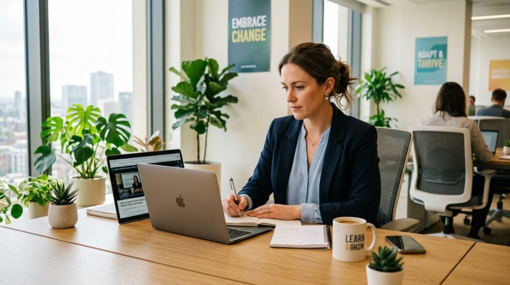 A professional individual sitting at a modern desk in a bright office environment, engaged in learning a new skill to adapt to workplace changes. The foreground features a neatly arranged workspace with a laptop, notebooks, and a cup of coffee. In the middle ground, the person—dressed in business casual attire—focuses intently on an online course displayed on the laptop. The background showcases a large window with natural light streaming in, illuminating plants and motivational posters on the walls. The atmosphere is one of determination and optimism, emphasizing growth and adaptation in the face of change. The image is well-composed with a warm color palette, giving it an inviting and inspiring feel. A professional individual sitting at a modern desk in a bright office environment, engaged in learning a new skill to adapt to workplace changes. The foreground features a neatly arranged workspace with a laptop, notebooks, and a cup of coffee. In the middle ground, the person—dressed in business casual attire—focuses intently on an online course displayed on the laptop. The background showcases a large window with natural light streaming in, illuminating plants and motivational posters on the walls. The atmosphere is one of determination and optimism, emphasizing growth and adaptation in the face of change. The image is well-composed with a warm color palette, giving it an inviting and inspiring feel.