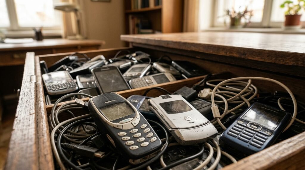A slightly ajar drawer overflowing with old, outdated mobile phones and tangled used cables. The foreground features a close-up of a few phones with scratched screens and worn-out cases, while cables are loosely coiled around them. The middle layer reveals the cluttered contents of the drawer, showcasing various phone models from different eras, contrasting in colors and designs. The background is softly blurred, hinting at an office space with a wooden desk and a warm, ambient light filtering in from a nearby window. The overall mood evokes a sense of nostalgia and reflection on technological waste, with gentle shadows playing across the drawer's surface, creating depth and inviting the viewer to consider the implications of consumer habits.