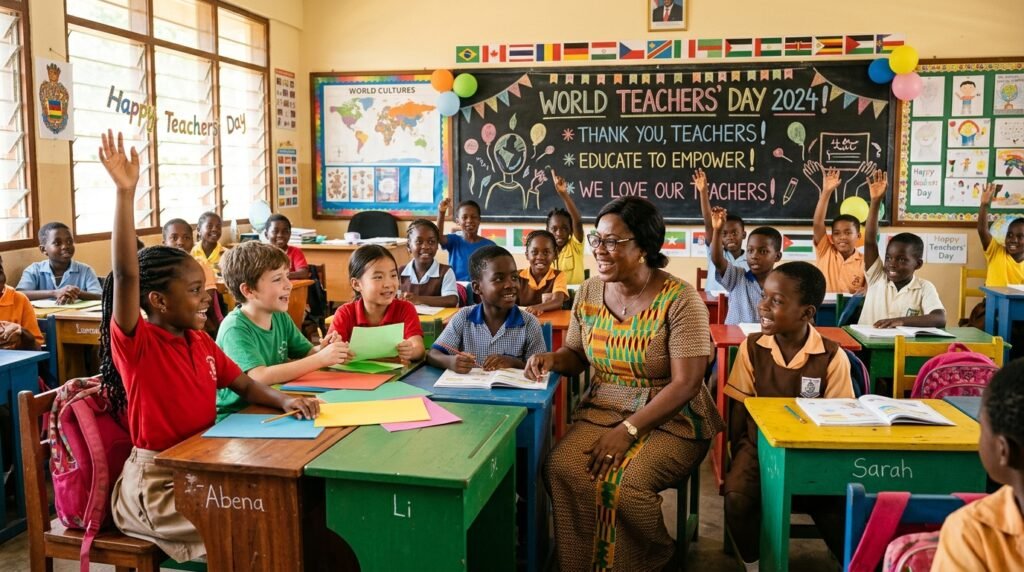 A vibrant classroom in a country celebrating World Teachers' Day, filled with diverse students of various ethnic backgrounds, seated at colorful desks. The foreground features a smiling teacher, dressed in professional attire, engaging with students. In the middle, students are actively participating, raising hands, and discussing among themselves, showcasing their enthusiasm for learning. The background includes a chalkboard adorned with inspirational quotes about education and respect for teachers, and posters of world cultures. Soft, warm lighting creates an inviting atmosphere, with sunlight streaming through the windows, illuminating the space. The angle captures the full room, highlighting the collaboration and joy of learning that defines this special day. The overall mood is uplifting and celebratory, reflecting appreciation for educators.