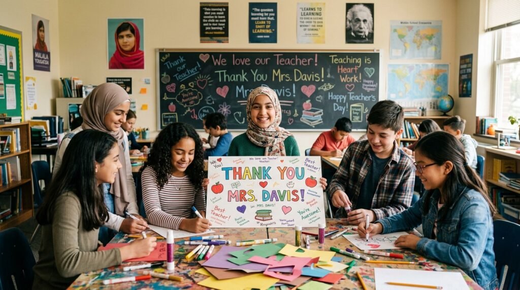 A vibrant classroom scene where a diverse group of students, dressed in modest casual clothing, eagerly prepares a heartfelt card for their beloved teacher. In the foreground, students are gathered around a colorful table filled with art supplies—markers, glitter, and paper. One student holds up a large, handmade card adorned with drawings and handwritten messages. In the middle ground, a chalkboard is filled with cheerful drawings and notes celebrating teaching. In the background, the classroom is warm and inviting, with posters celebrating education and iconic figures in teaching. Soft, natural light streams through the windows, creating a joyful atmosphere filled with excitement and gratitude. The composition captures the essence of appreciation and the bond between students and their teacher. A vibrant classroom scene where a diverse group of students, dressed in modest casual clothing, eagerly prepares a heartfelt card for their beloved teacher. In the foreground, students are gathered around a colorful table filled with art supplies—markers, glitter, and paper. One student holds up a large, handmade card adorned with drawings and handwritten messages. In the middle ground, a chalkboard is filled with cheerful drawings and notes celebrating teaching. In the background, the classroom is warm and inviting, with posters celebrating education and iconic figures in teaching. Soft, natural light streams through the windows, creating a joyful atmosphere filled with excitement and gratitude. The composition captures the essence of appreciation and the bond between students and their teacher.