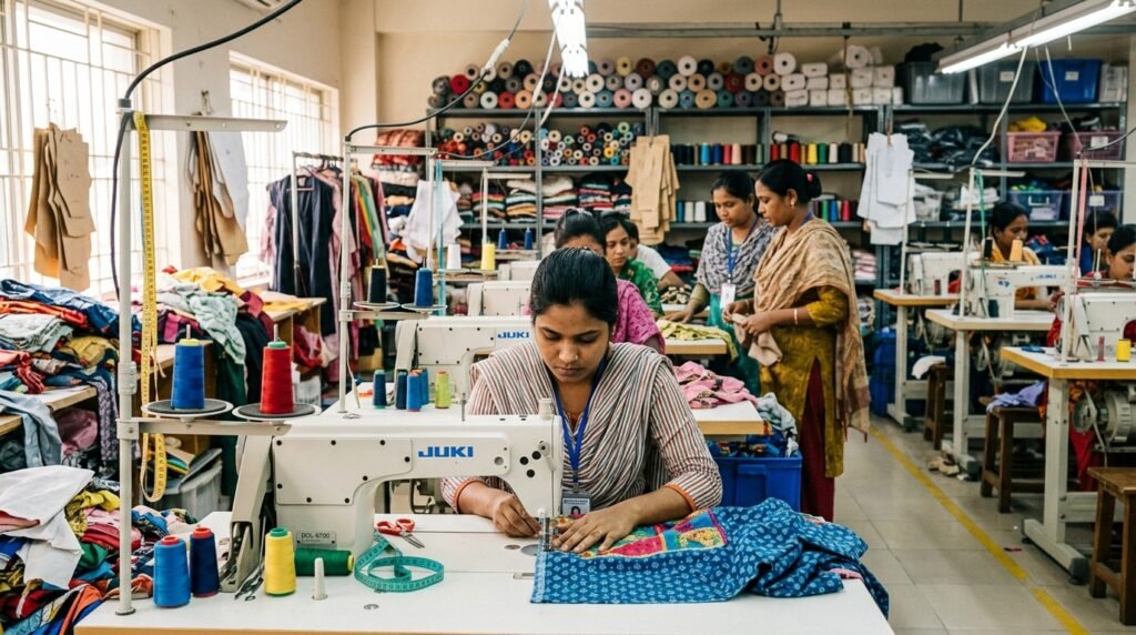A vibrant garment factory filled with skilled seamstresses working diligently at various sewing machines. In the foreground, focus on a seamstress in professional attire, concentrating on her machine, with colorful fabrics and threads visible around her. In the middle ground, additional seamstresses collaborate, showcasing teamwork and dedication. The background features shelves stacked with neatly organized textiles, spools of thread, and pattern designs. Soft, natural lighting streams in through large windows, casting a warm glow over the scene, creating an atmosphere of industriousness and creativity. Capture the moment from a slightly elevated angle to provide depth and context to the bustling environment, emphasizing the importance of conscious consumerism in the fashion industry.