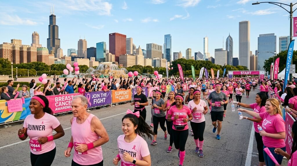 A vibrant scene capturing a lively charity run taking place in the United States, featuring diverse participants wearing pink accessories to symbolize Breast Cancer Awareness Month. In the foreground, runners of various ages and backgrounds are energetically jogging, all dressed in modest athletic clothing, with pink headbands, shirts, and wristbands. The middle ground showcases a cheering crowd with bright banners and pink balloons, while volunteers hand out water bottles and support the runners. In the background, an iconic American city skyline is visible under a clear blue sky. The lighting is warm, creating a cheerful atmosphere as sunlight bathes the scene, emphasizing the community spirit and solidarity in the fight against cancer. The camera angle is slightly elevated, providing a dynamic overview of the event.