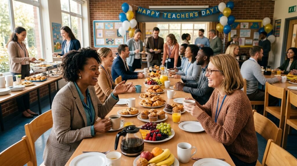 A warm and inviting school breakfast scene featuring a diverse group of teachers gathered around a long table covered with a variety of breakfast foods, such as pastries, fruit, coffee, and tea. In the foreground, two teachers are engaged in animated conversation, dressed in smart casual attire, smiling and enjoying the moment. In the middle background, other educators are casually chatting, some serving food while others are seated. The setting is a bright, airy school cafeteria with large windows letting in soft morning light, creating a cheerful atmosphere. Decorated with school colors and artwork, the scene encapsulates camaraderie and the spirit of Teacher's Day celebrations. Use a wide-angle lens to capture the entire gathering and convey a feeling of warmth and community.