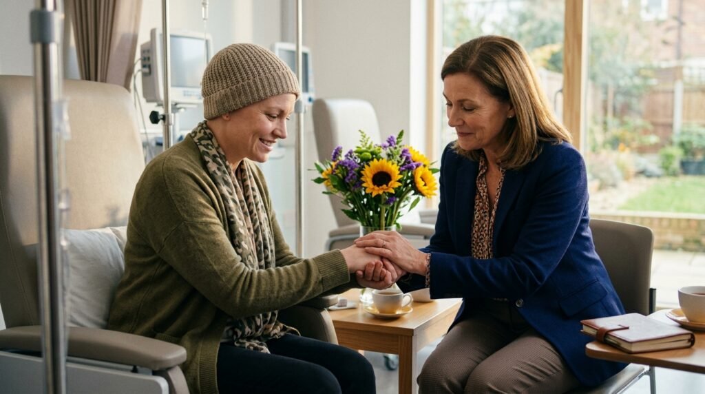 A warm, supportive scene showcasing a close friendship during a treatment journey. In the foreground, a woman in modest casual clothing, showing determination and resilience, sits in a healthcare setting, holding hands with a companion beside her, who is dressed in professional attire, exuding kindness. In the middle ground, subtle medical equipment and flowers symbolize hope and care. The background features soft, natural light filtering through a window, creating a comfortable atmosphere. The composition captures the emotional weight of the moment, conveying encouragement and support. The overall mood is uplifting and compassionate, emphasizing the power of companionship in challenging times.