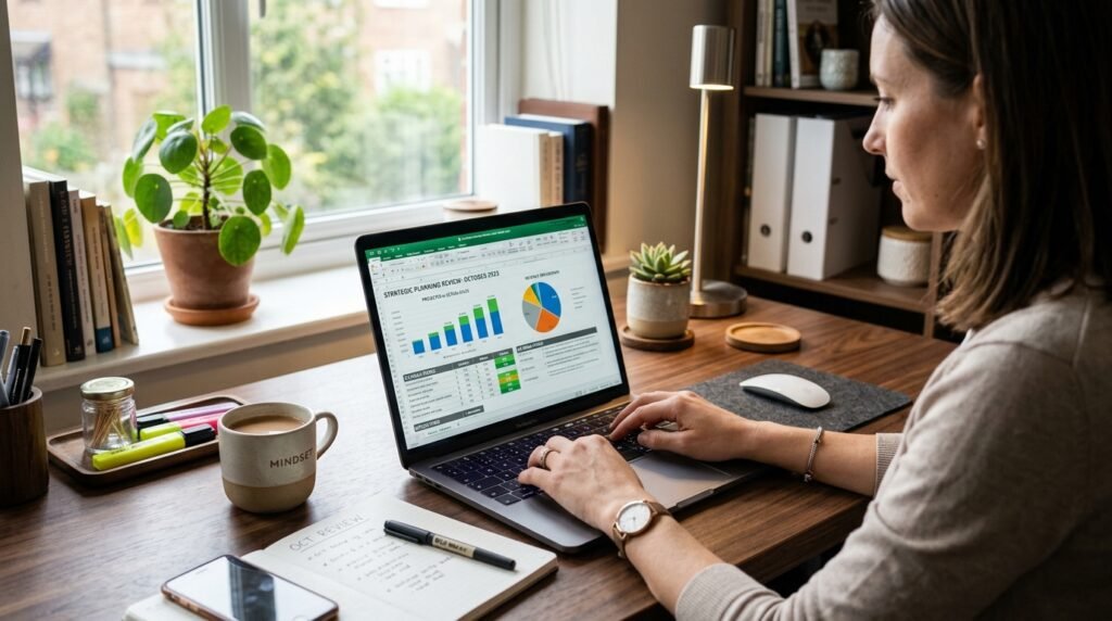A well-organized digital workspace featuring an open spreadsheet on a modern laptop screen displaying a strategic planning review for the month. In the foreground, there is a focus on the laptop with clear charts and graphs illustrating progress and goals. The middle layer shows a sleek wooden desk with office supplies like notebooks and pens, indicating an atmosphere of productivity. In the background, soft natural light filters through a window, creating a warm and inviting environment. A plant adds a touch of greenery to the scene, enhancing the professional yet comfortable mood. The overall composition is polished and sophisticated, suggesting concentration and purpose.