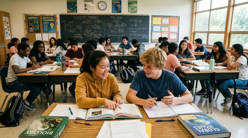 In a vibrant classroom setting, a diverse group of students is engaged in animated discussion, sharing knowledge and ideas. In the foreground, a pair of students—one of Asian descent and the other Caucasian—lean over a desk filled with books and notebooks, exchanging thoughts passionately. In the middle ground, additional students of various ethnic backgrounds sit at desks, some writing notes while others listen intently, fostering a collaborative learning environment. The background features a chalkboard with diagrams, educational posters, and a window allowing soft, natural light to illuminate the scene. The overall mood is one of enthusiasm, curiosity, and camaraderie, captured with a warm color palette. The perspective is slightly elevated, giving a clear view of the dynamic interactions within the classroom. In a vibrant classroom setting, a diverse group of students is engaged in animated discussion, sharing knowledge and ideas. In the foreground, a pair of students—one of Asian descent and the other Caucasian—lean over a desk filled with books and notebooks, exchanging thoughts passionately. In the middle ground, additional students of various ethnic backgrounds sit at desks, some writing notes while others listen intently, fostering a collaborative learning environment. The background features a chalkboard with diagrams, educational posters, and a window allowing soft, natural light to illuminate the scene. The overall mood is one of enthusiasm, curiosity, and camaraderie, captured with a warm color palette. The perspective is slightly elevated, giving a clear view of the dynamic interactions within the classroom.